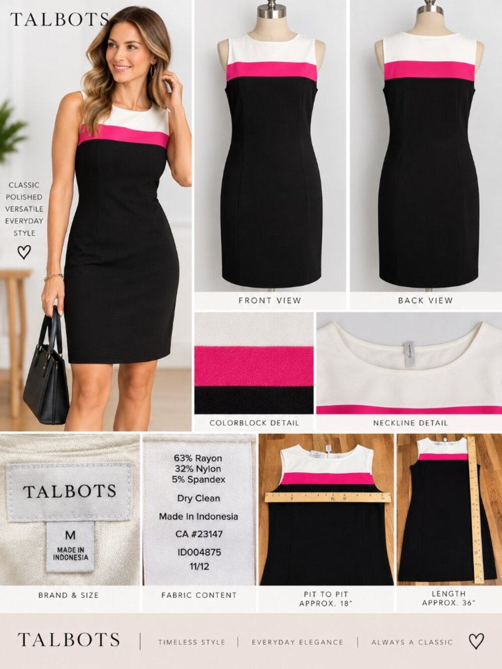 Talbots NWT Women’s M Black Pink White Colorblock Sheath Dress